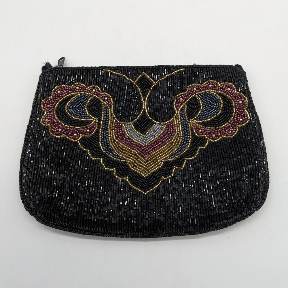 Vintage Small Fully Beaded Black Gold Red Zip Up Clutch Purse